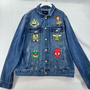 Forever 21 Denim Jean Jacket Disney Patches Mens XL Toy Story Yoda Donald Duck